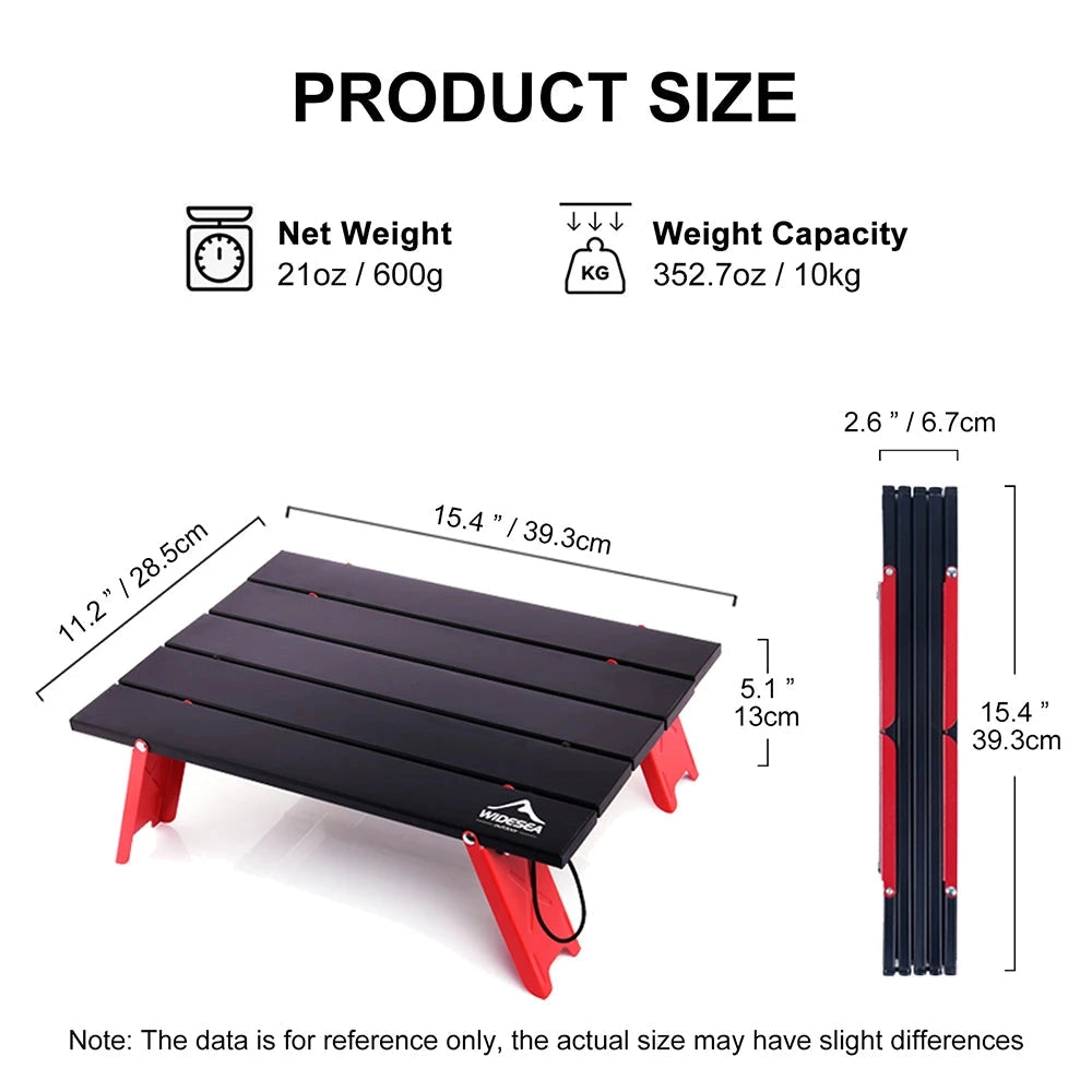 Lightweight and durable aluminum camping table by WIDESEA, featuring a compact design suitable for outdoor use.