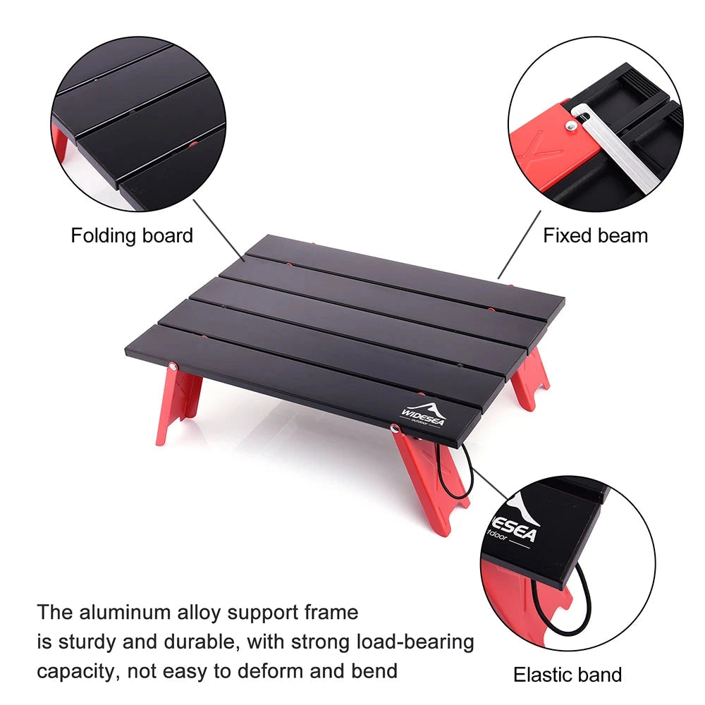 Lightweight portable aluminum camping table with a compact and durable design, suitable for outdoor activities.