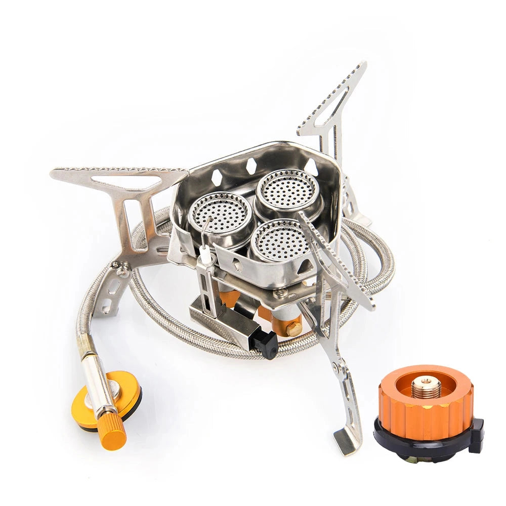 Compact WideSea Lightweight Portable Camping Stove with high-efficiency burner and adapter, featuring a sleek metallic design, ideal for outdoor cooking and camping activities.