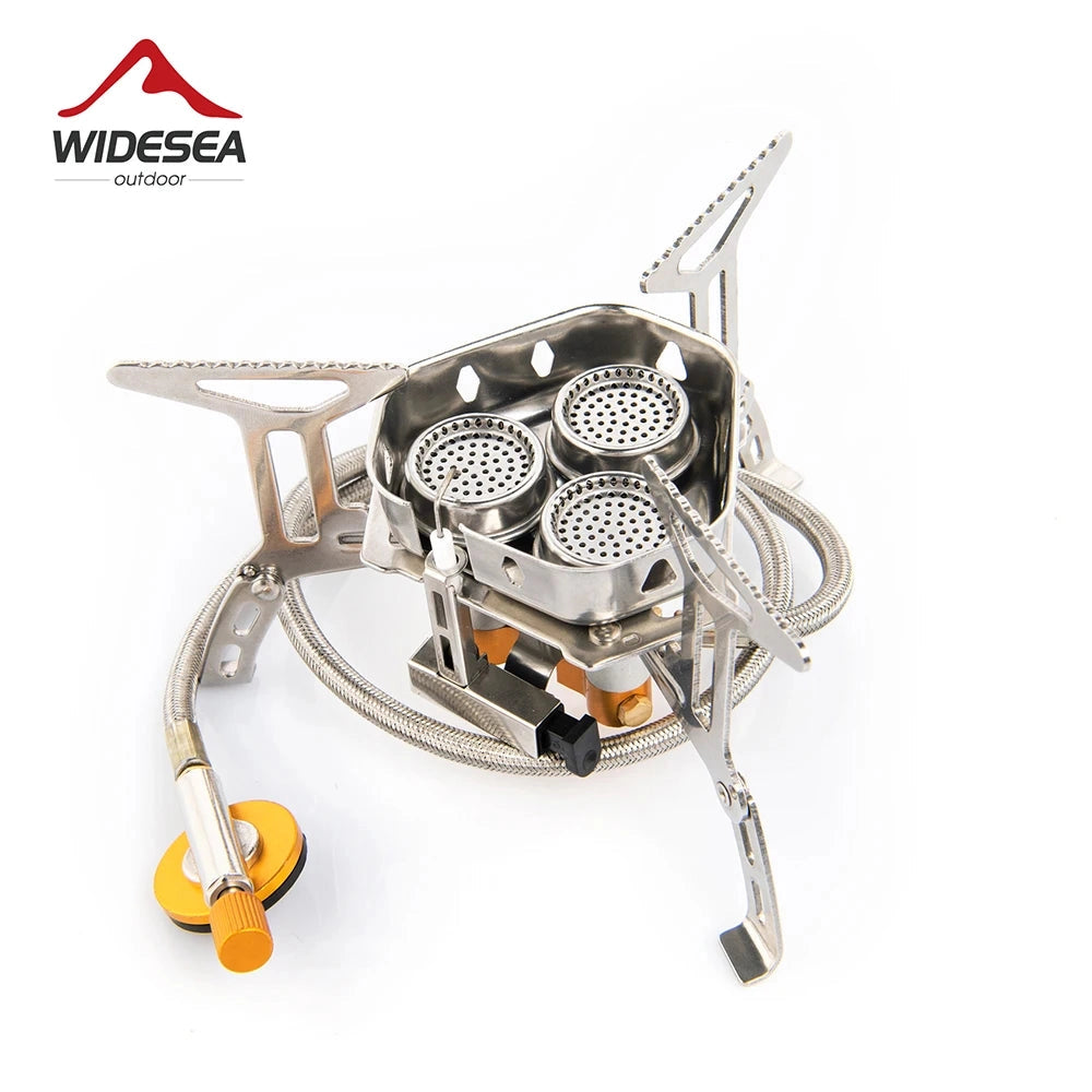 Lightweight portable camping stove with a high-efficiency burner, featuring a sleek metallic design likely made from durable materials such as titanium.