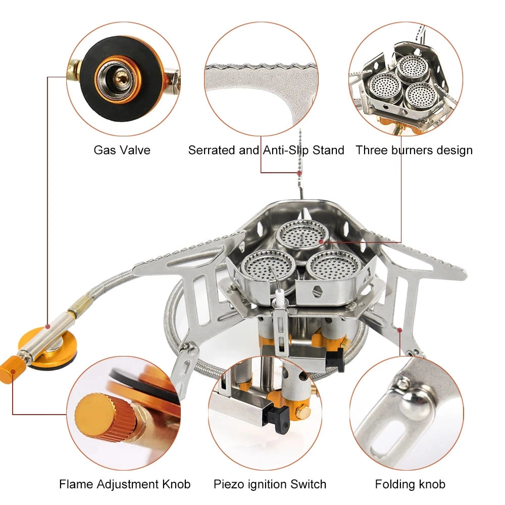 Lightweight portable camping stove with a high-efficiency burner, designed for outdoor use and compact enough for easy transport.