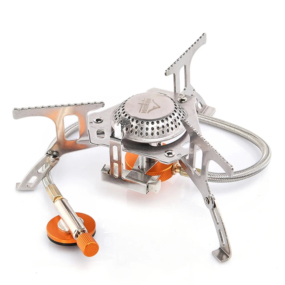 
A lightweight and foldable Widesea portable camping gas stove featuring a compact metal design, suitable for outdoor cooking and camping activities.