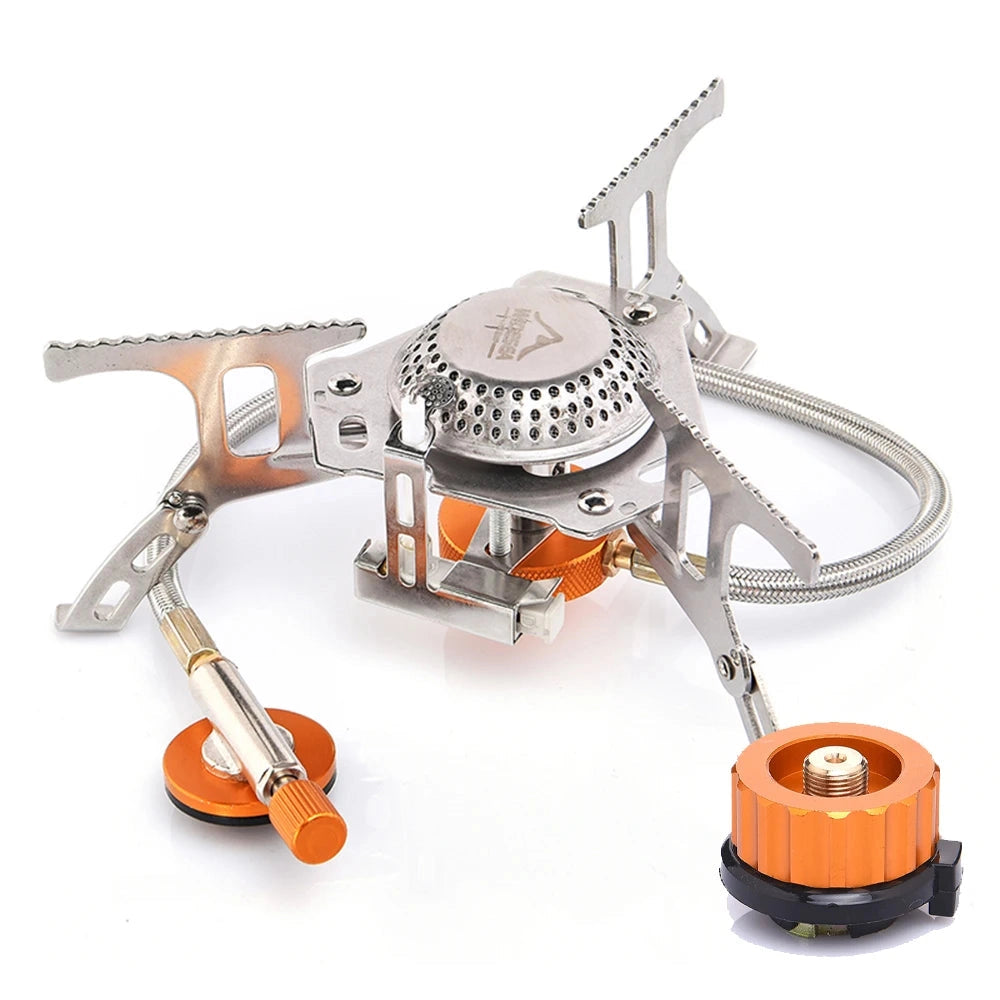 Compact Widesea portable camping stove with adapter, featuring a foldable gas burner design, made of durable metal, suitable for outdoor cooking and travel.