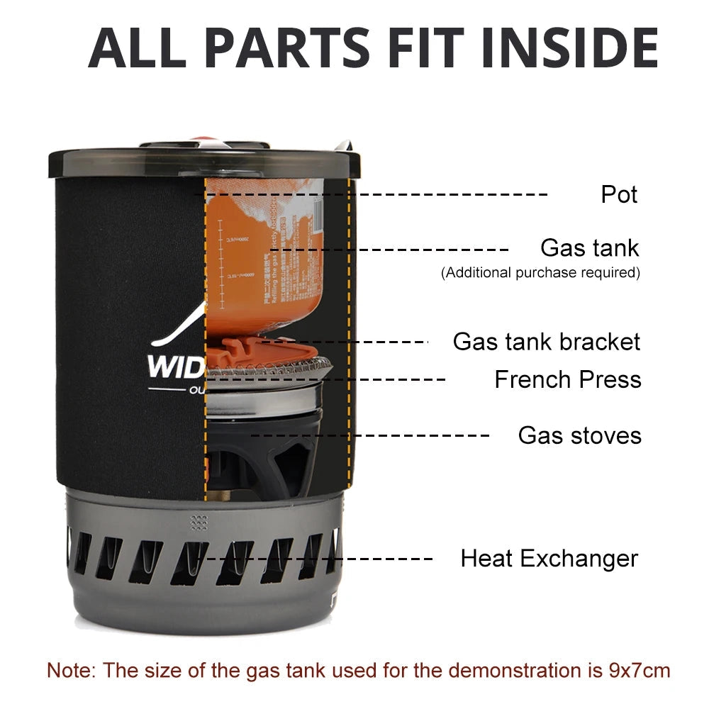 Lightweight and compact Widesea portable camping stove designed for hiking, featuring a cylindrical shape and durable construction suitable for outdoor cooking.