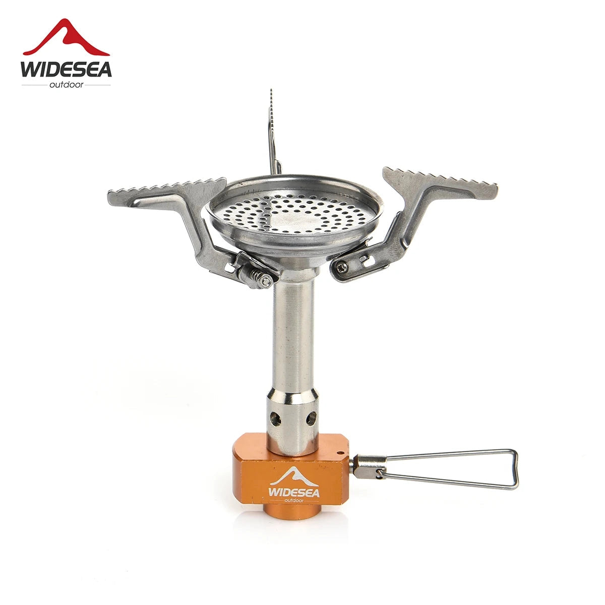 Portable foldable camping stove made of lightweight titanium metal, featuring a compact circular design ideal for outdoor cooking.