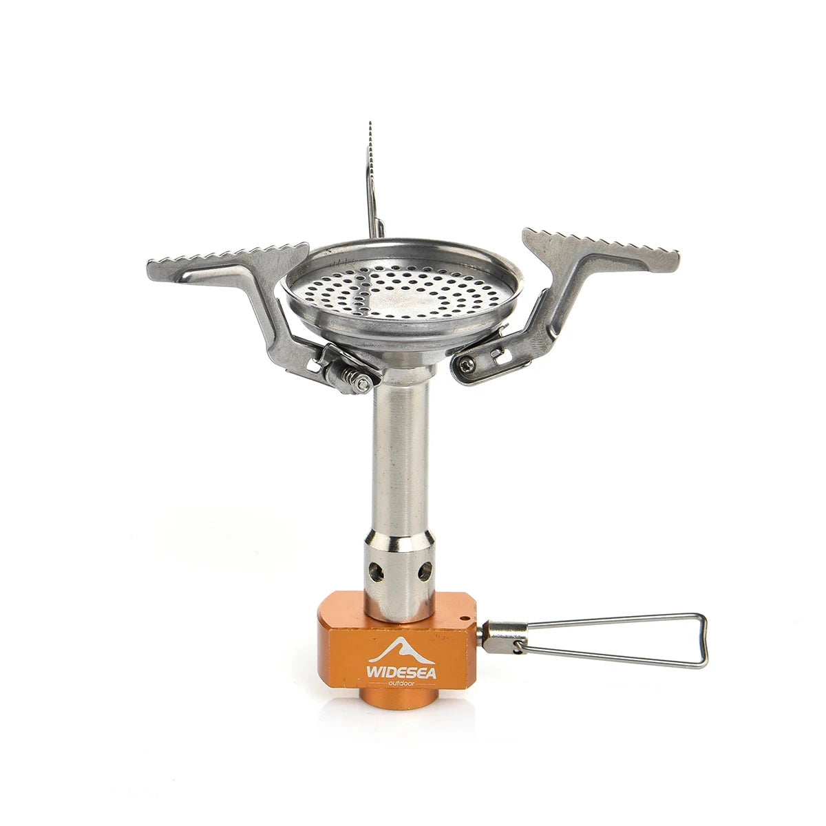 
A lightweight Widesea portable foldable camping stove featuring a compact gas burner design, made from durable metal with a titanium finish.