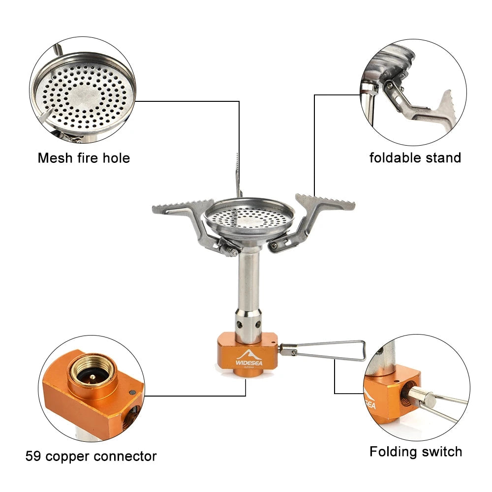 Portable foldable camping stove with lightweight gas burner design, showcasing its compact and efficient structure suitable for outdoor use.