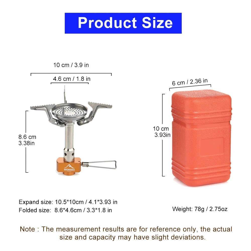 Widesea portable foldable camping stove with lightweight gas burner, featuring a compact design with a gas cylinder connection and valve for efficient outdoor cooking.