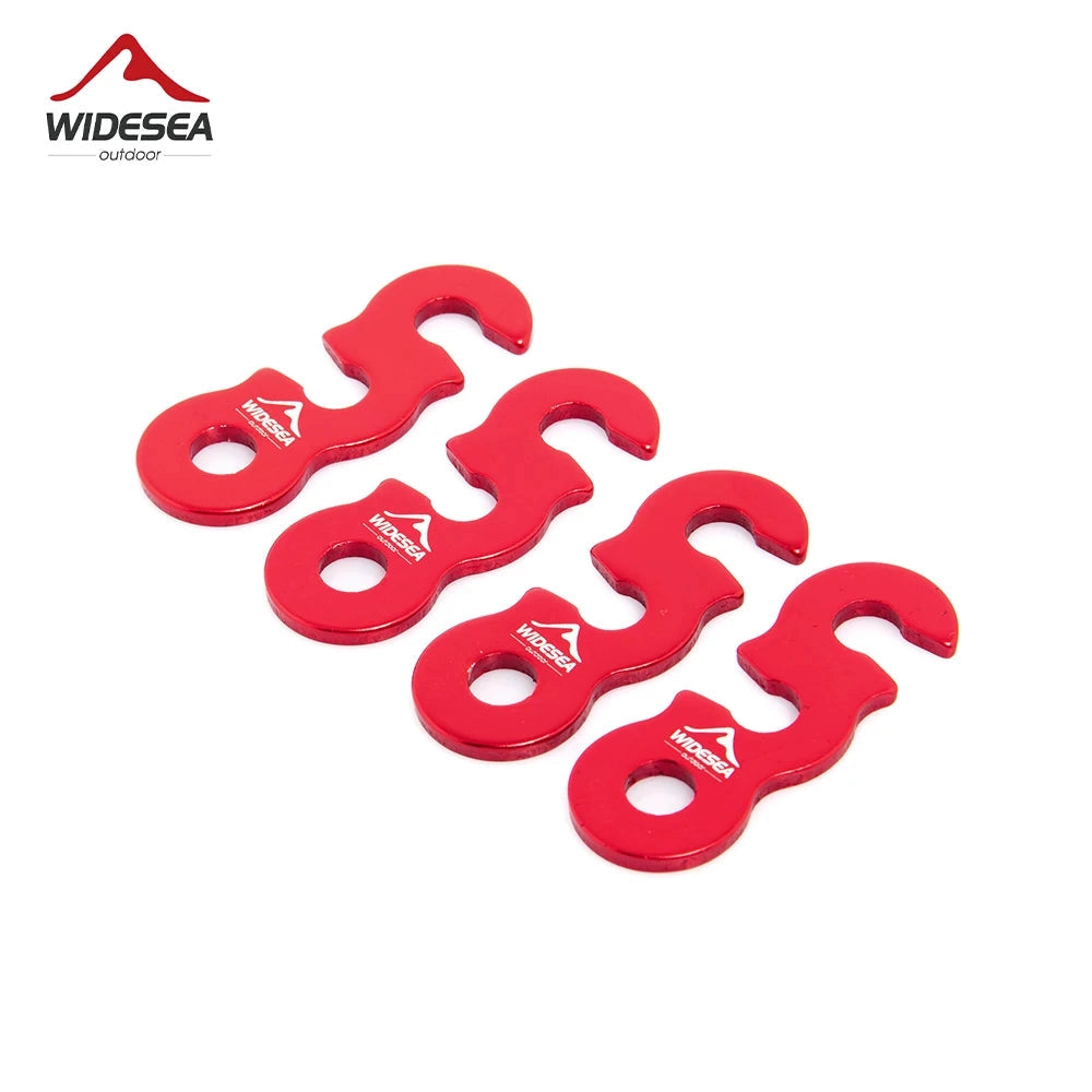 Red aluminium tent hooks with Widesea branding, designed for outdoor durability and reliability.