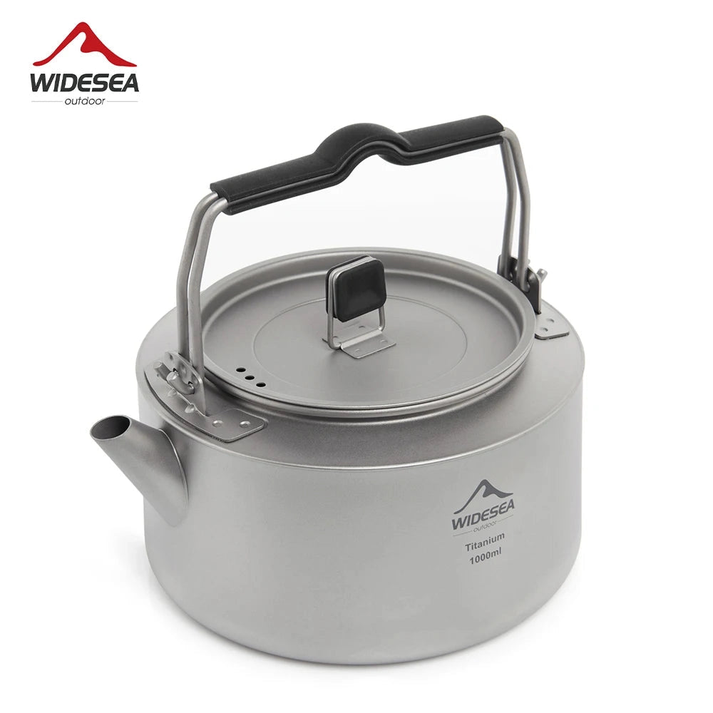 Lightweight and portable Widesea titanium camping kettle with a 1000ml capacity, featuring a sturdy metal design and accompanying lid, ideal for cooking or boiling fluids during outdoor adventures.