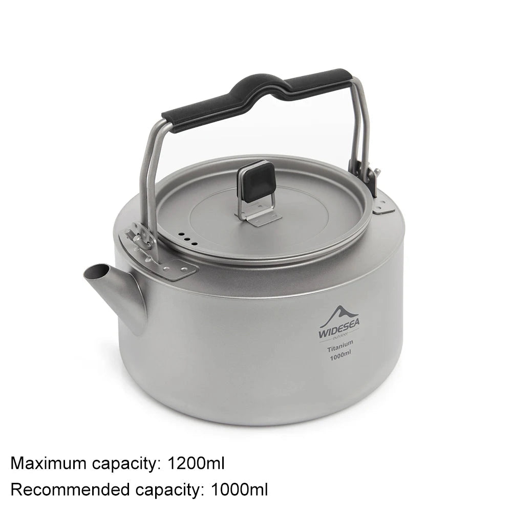 Widesea Titanium Camping Kettle 1000ml with lid, designed for lightweight portability, suitable for outdoor cooking and serving hot liquids.