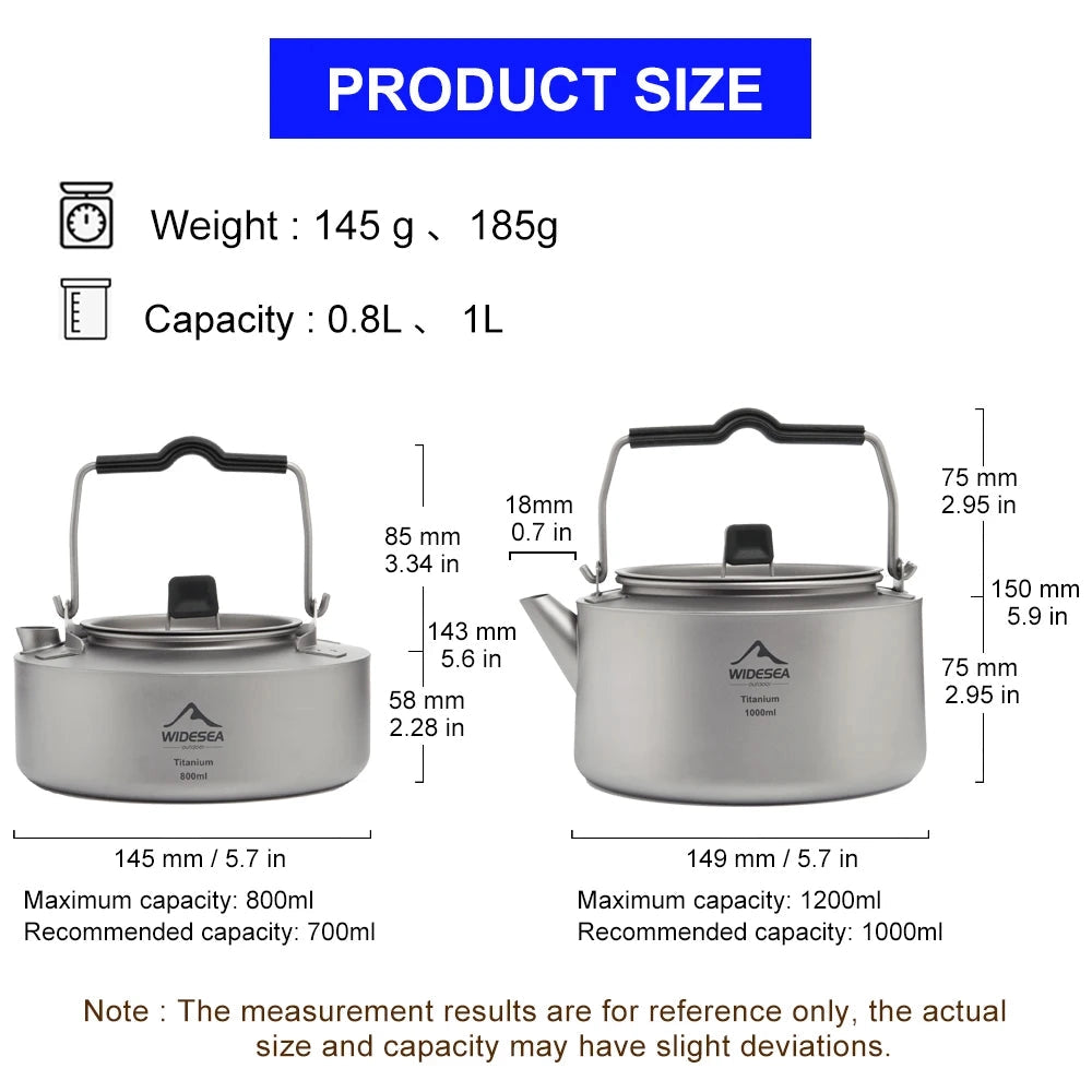 Widesea Titanium Camping Kettle 1000ml, shown as a lightweight and portable metal kettle designed for outdoor use, ideal for camping and hiking with a compact and durable construction.