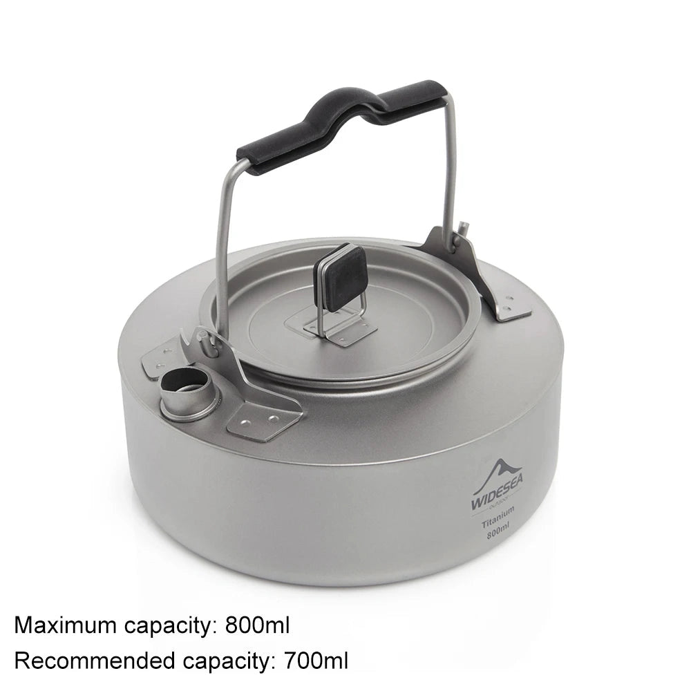 Lightweight and portable Widesea Titanium Camping Kettle with a 1000ml capacity, shown in a compact and durable design made from metal composite materials, ideal for outdoor cooking.