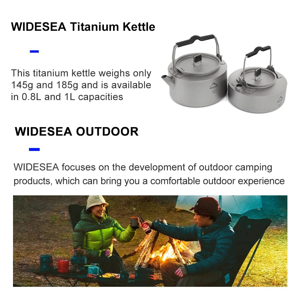 Titanium camping kettle with a 1000ml capacity, designed for lightweight and portable use, featuring a durable and sleek design ideal for outdoor cooking and brewing hot beverages.