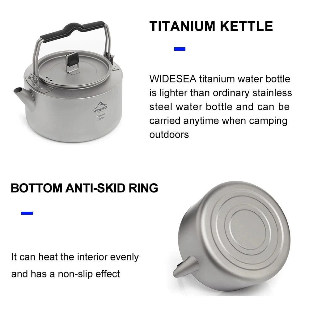 A lightweight and portable Widesea titanium camping kettle with a 1000ml capacity, featuring a sleek metal design ideal for outdoor use.