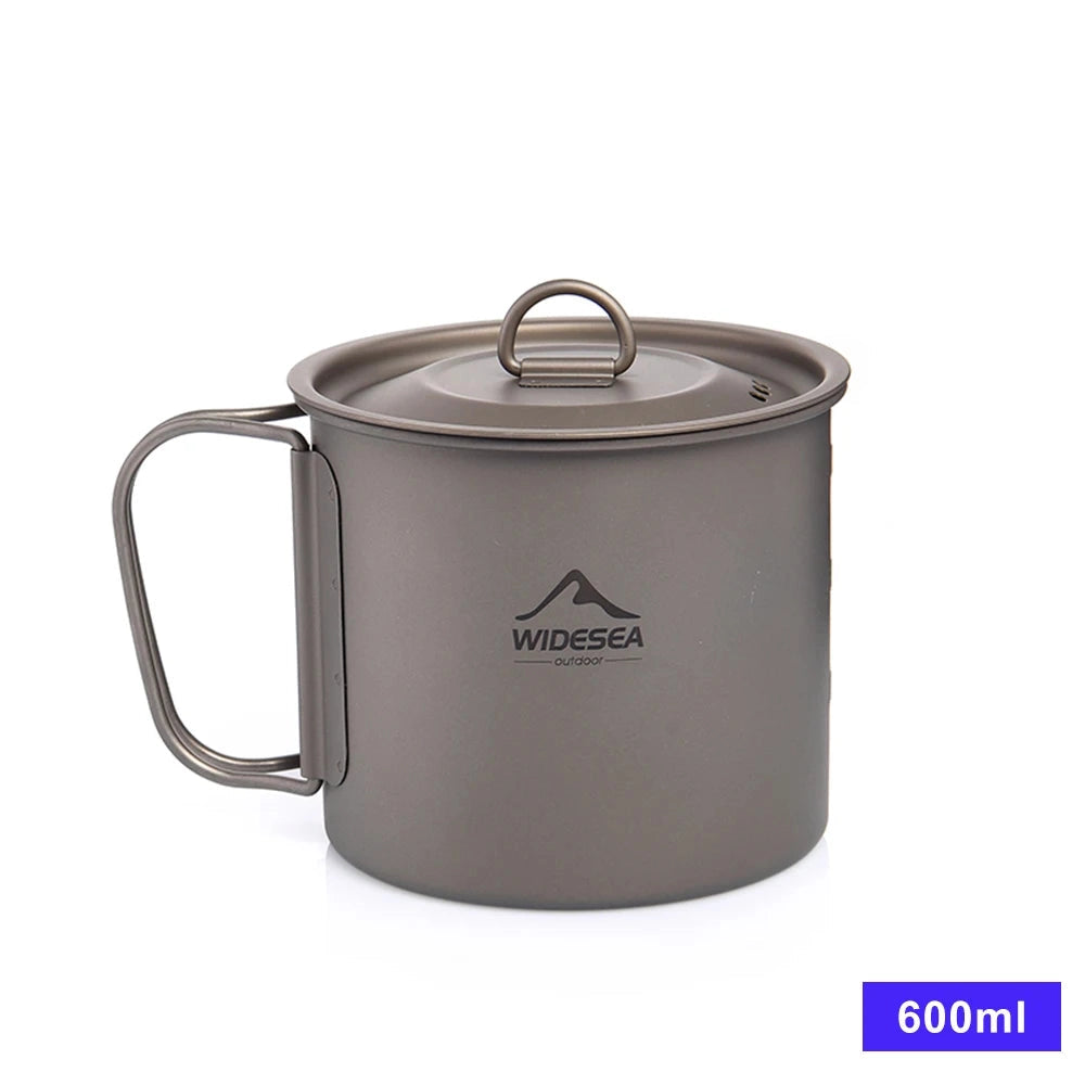 Titanium camping mug and cookware set with a 600ml capacity, lightweight and portable, ideal for outdoor dining and cooking.