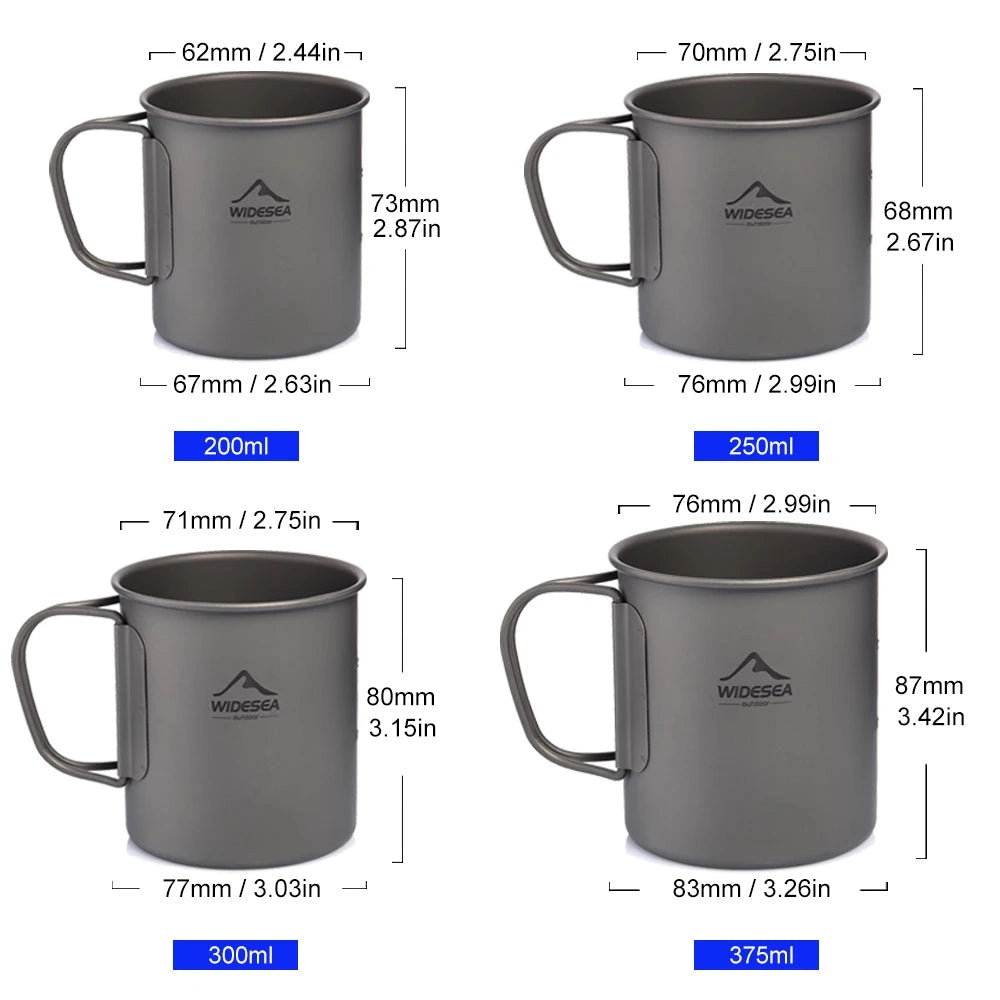 WideSea Titanium Camping Mug & Cookware Set featuring a lightweight and portable design, suitable for outdoor dining and cooking, includes a titanium mug and cookware pieces, ideal for camping and travel use.