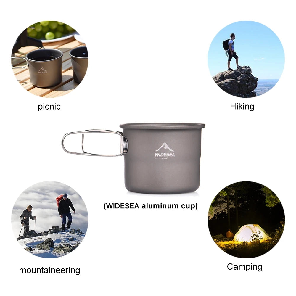 Lightweight Widesea Titanium Camping Mug filled with a liquid, featuring a simple design and brand logo, ideal for outdoor cookware use.