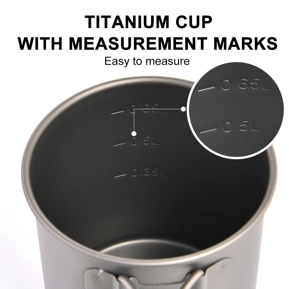 Titanium camping mug and cookware set, featuring a lightweight and portable design, ideal for outdoor activities. The mug is durable and resembles a tin, perfect for holding fluids while camping.