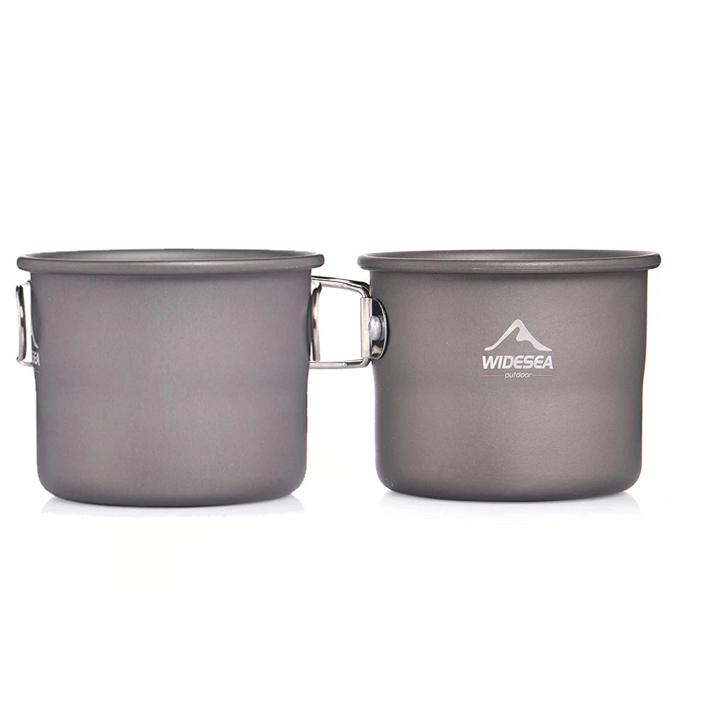 Widesea Titanium Camping Mug - Lightweight, Portable Outdoor Cookware with two cups, showcasing durable metal construction ideal for outdoor use.