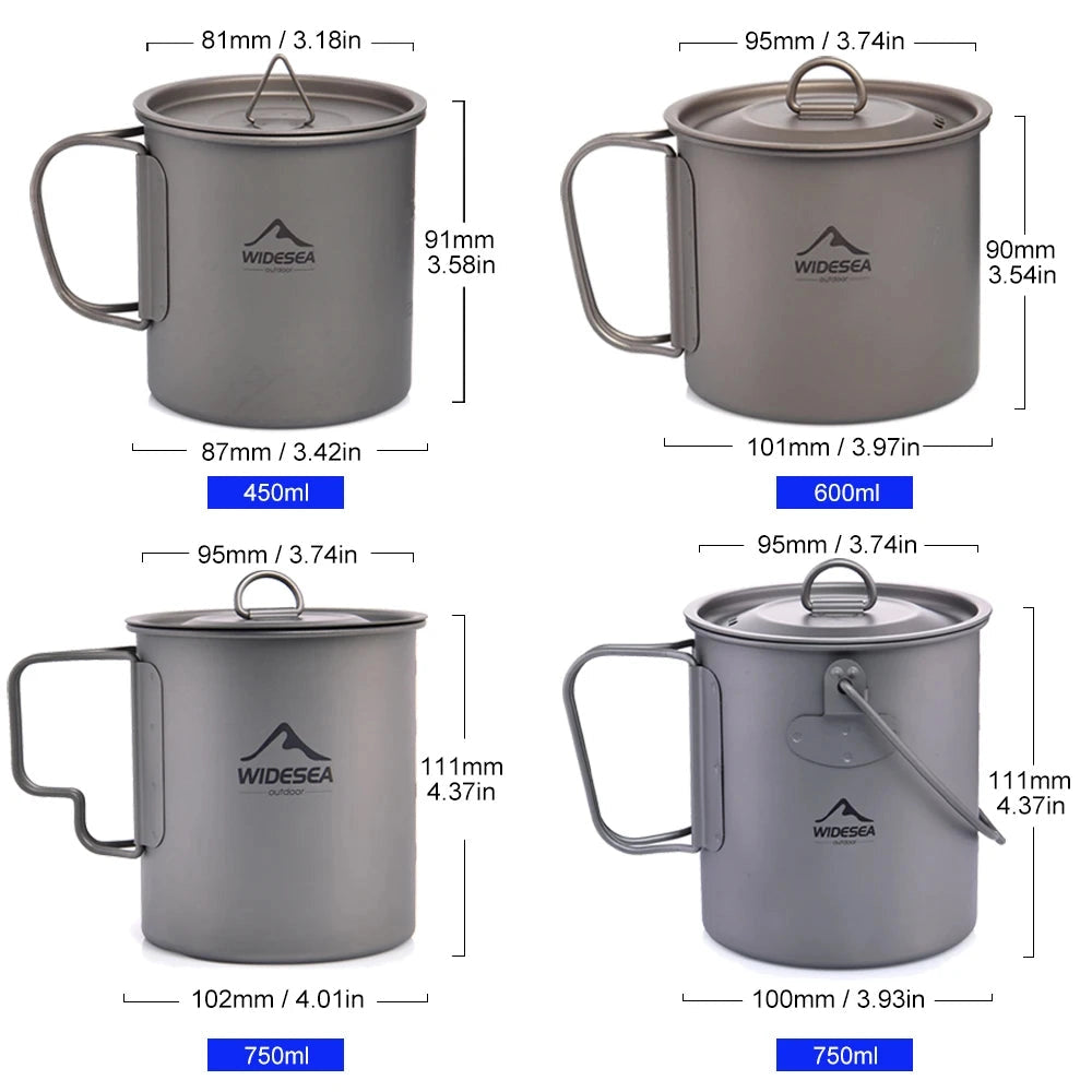 WideSea Titanium Camping Mug & Cookware Set featuring a lightweight, portable mug with a blue and black design, complete with a sturdy handle, set beside compact gas cylinder cookware, ideal for outdoor adventures.