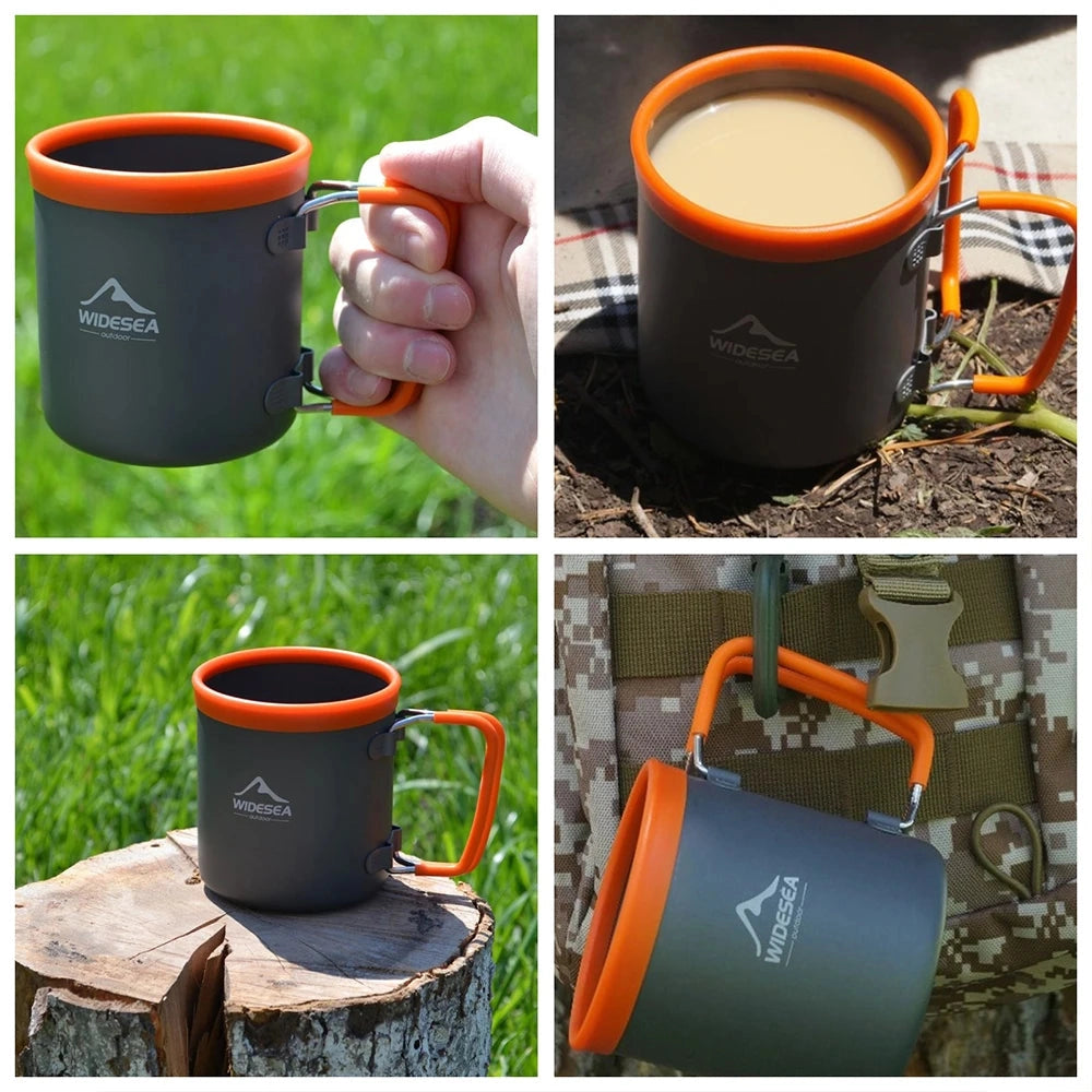 Widesea Titanium Camping Mug featuring a lightweight design with a foldable handle, shown in a green and yellow color scheme, ideal for serving drinks such as coffee while camping.