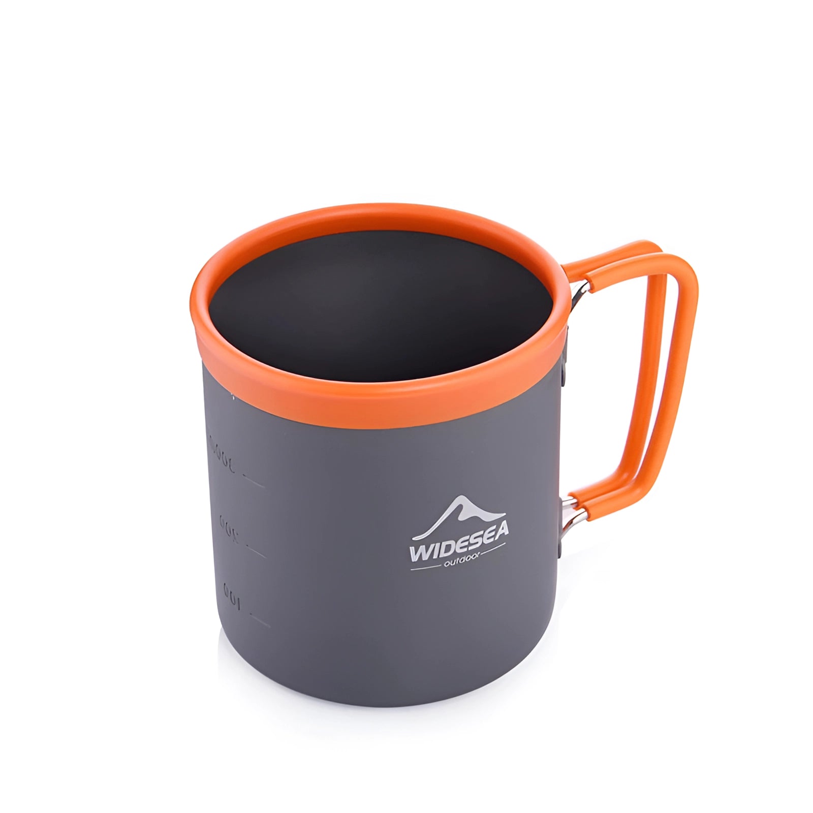 Lightweight Widesea titanium camping mug with foldable handle, suitable for outdoor use, shown empty against a neutral background.