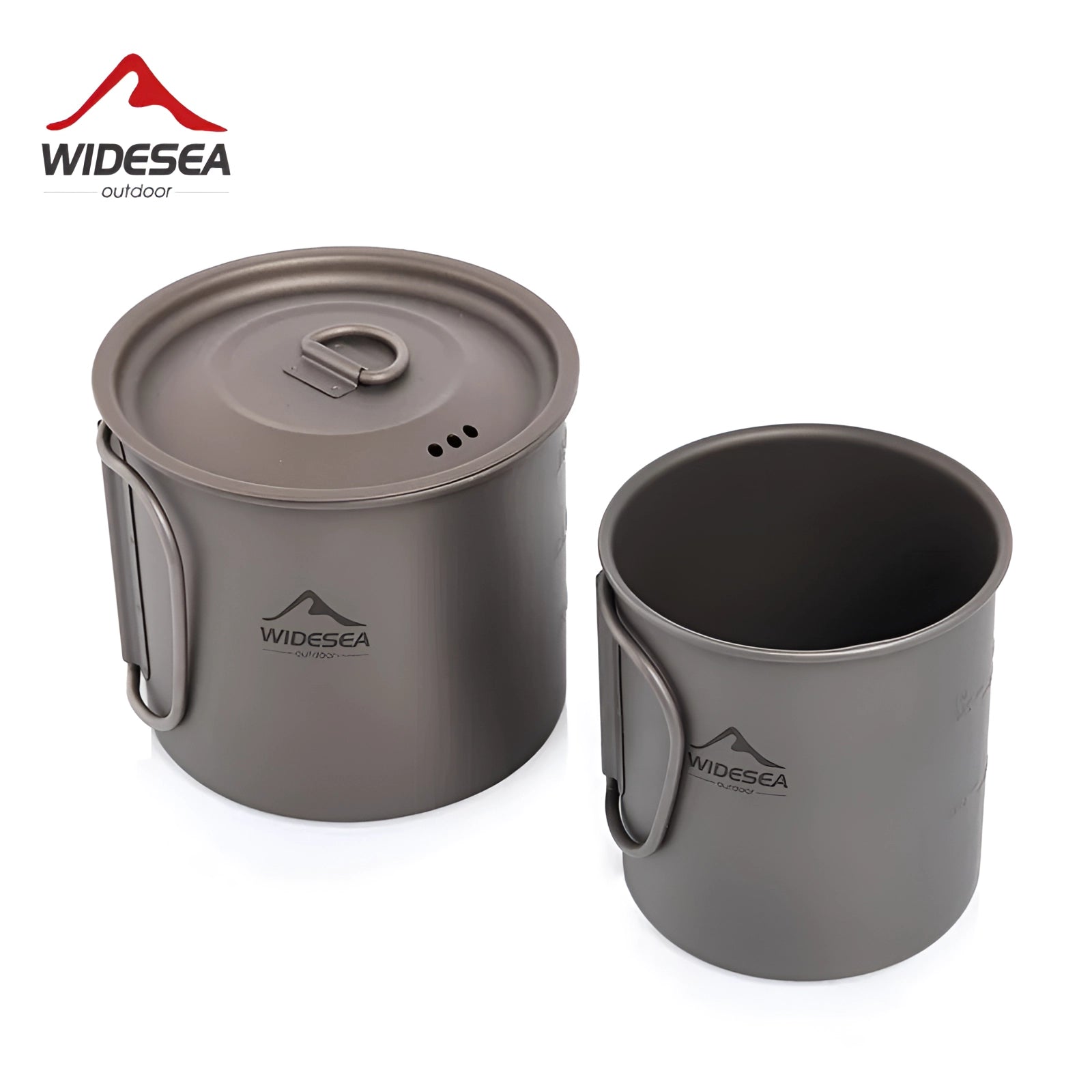 WideSea Titanium Camping Mug & Cookware Set featuring a lightweight cylindrical mug with a durable design, ideal for outdoor use.