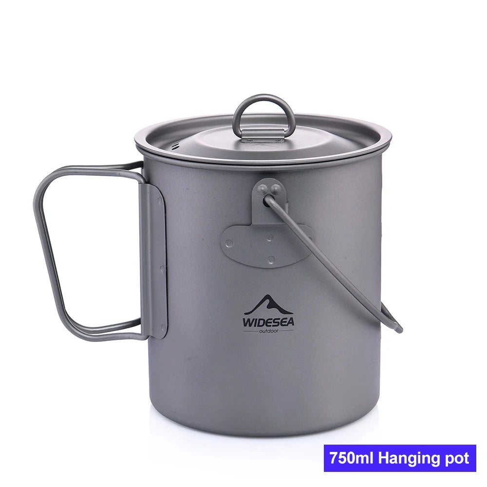 Titanium camping mug and cookware set with a 750ml capacity, featuring a lightweight and portable design, equipped with a lid, suitable for holding liquids and serving food, ideal for outdoor cooking and camping.