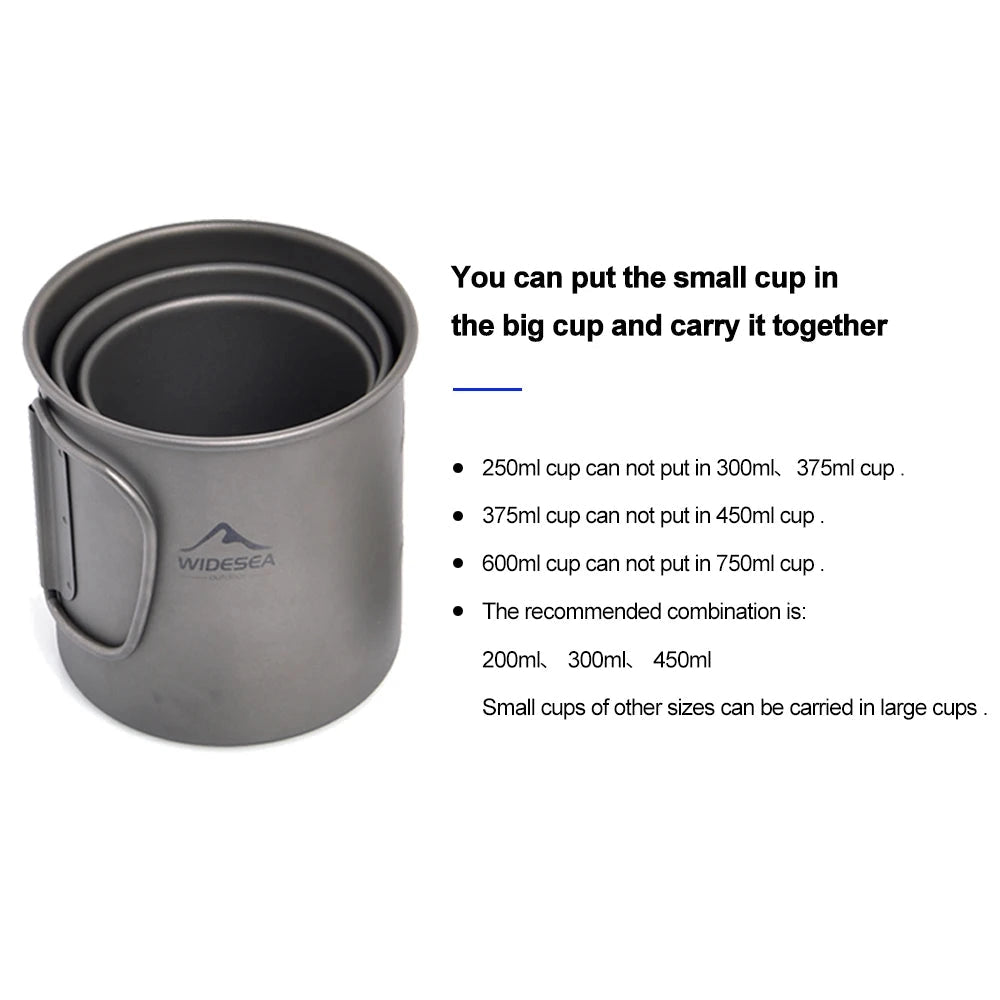 WideSea Titanium Camping Mug & Cookware Set featuring a lightweight and portable design, suitable for outdoor use; includes a titanium cup with a sturdy handle, ideal for coffee or other beverages.