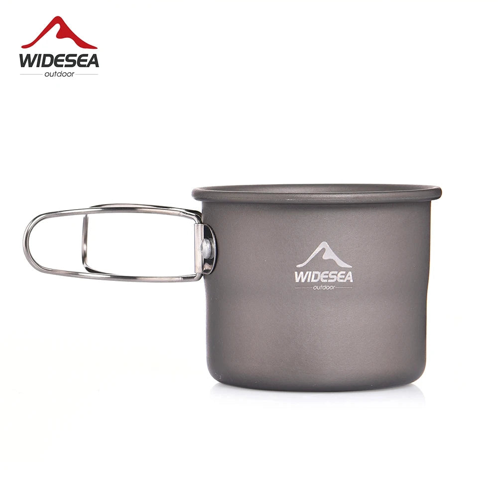 A lightweight, portable Widesea titanium camping mug designed for outdoor adventures, featuring a sleek, durable metal finish.