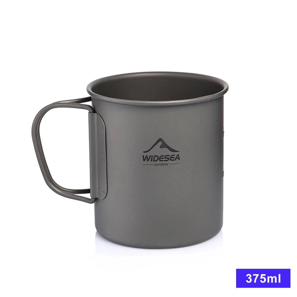 Titanium camping mug with a 375ML capacity, featuring a lightweight and portable design, ideal for outdoor use.