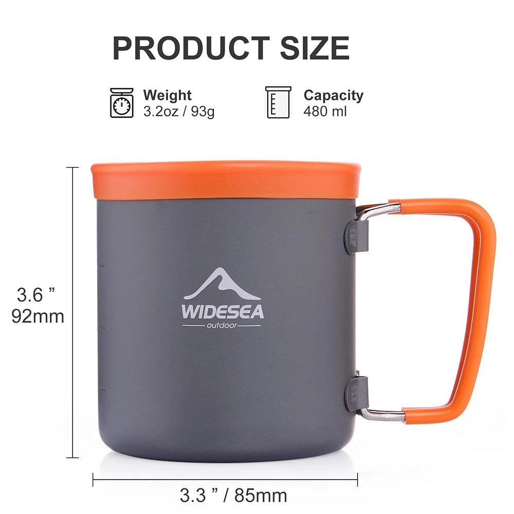 Lightweight Widesea Titanium Camping Mug with a foldable handle, featuring a sleek, portable design suitable for outdoor adventures.