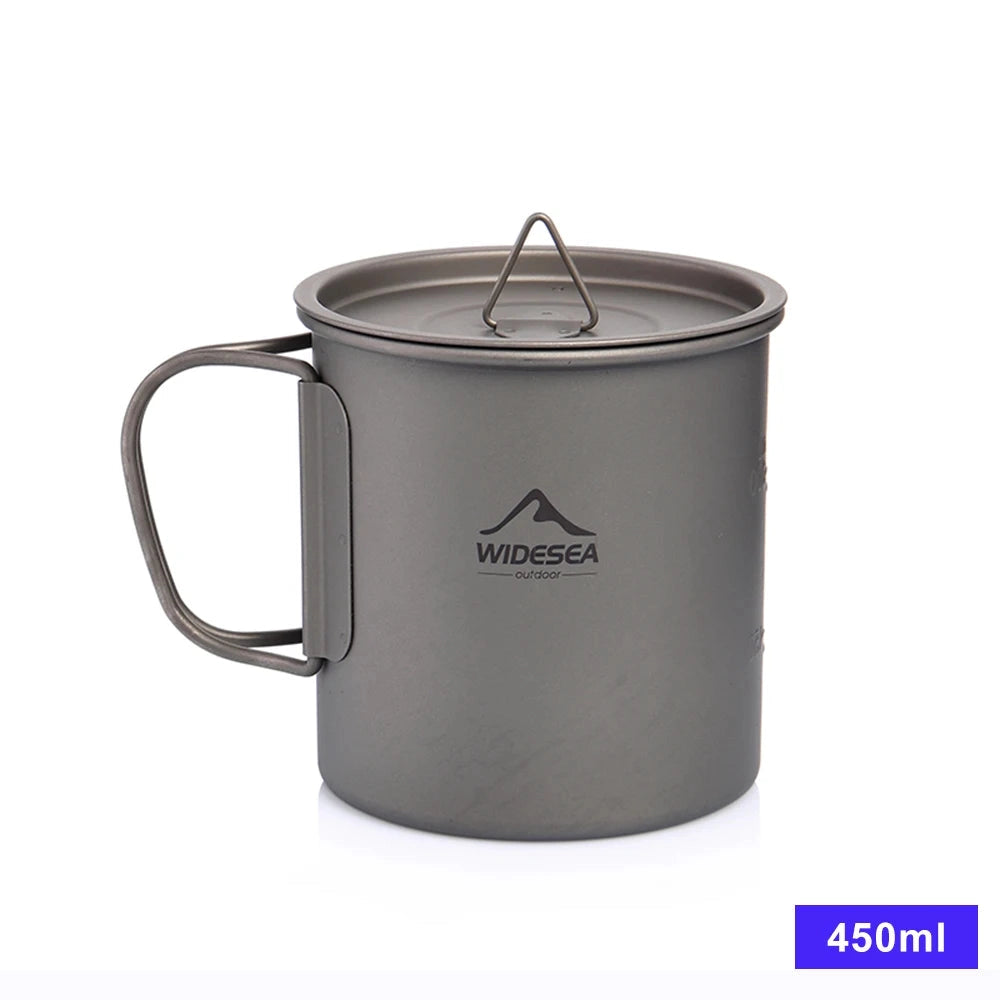 Titanium camping mug with a 450ML capacity, featuring a lightweight and portable design suitable for outdoor cooking and drinking, part of a cookware set.