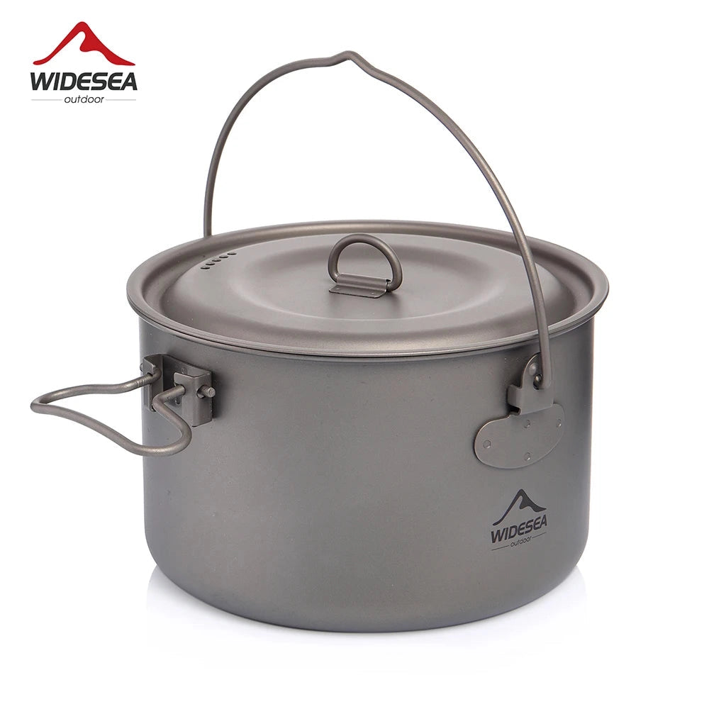 WIDESEA Titanium Non-Stick Camping Pot, 1300ml lightweight outdoor cookware, featuring a sleek metal design suitable for cooking on gas stoves during camping trips.