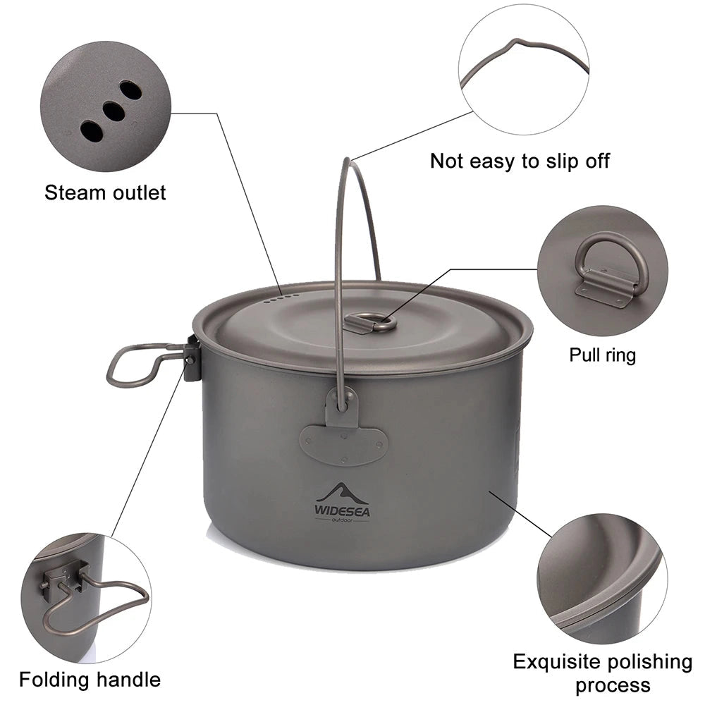 WIDESEA Titanium Non-Stick Camping Pot, lightweight and durable outdoor cookware featuring a smooth, round design suitable for camping and outdoor cooking.