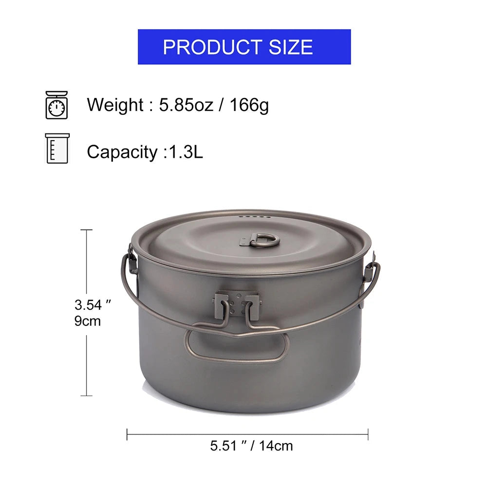 Titanium non-stick camping pot designed for outdoor cooking, featuring a lightweight and durable construction ideal for backpacking and camping trips.