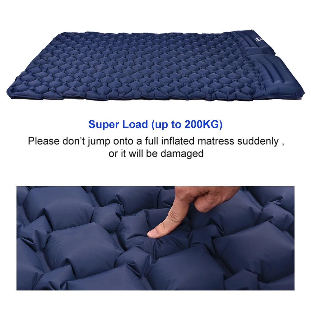 Ultralight double-wide inflatable camping mattress in azure blue with a subtle denim-like pattern.