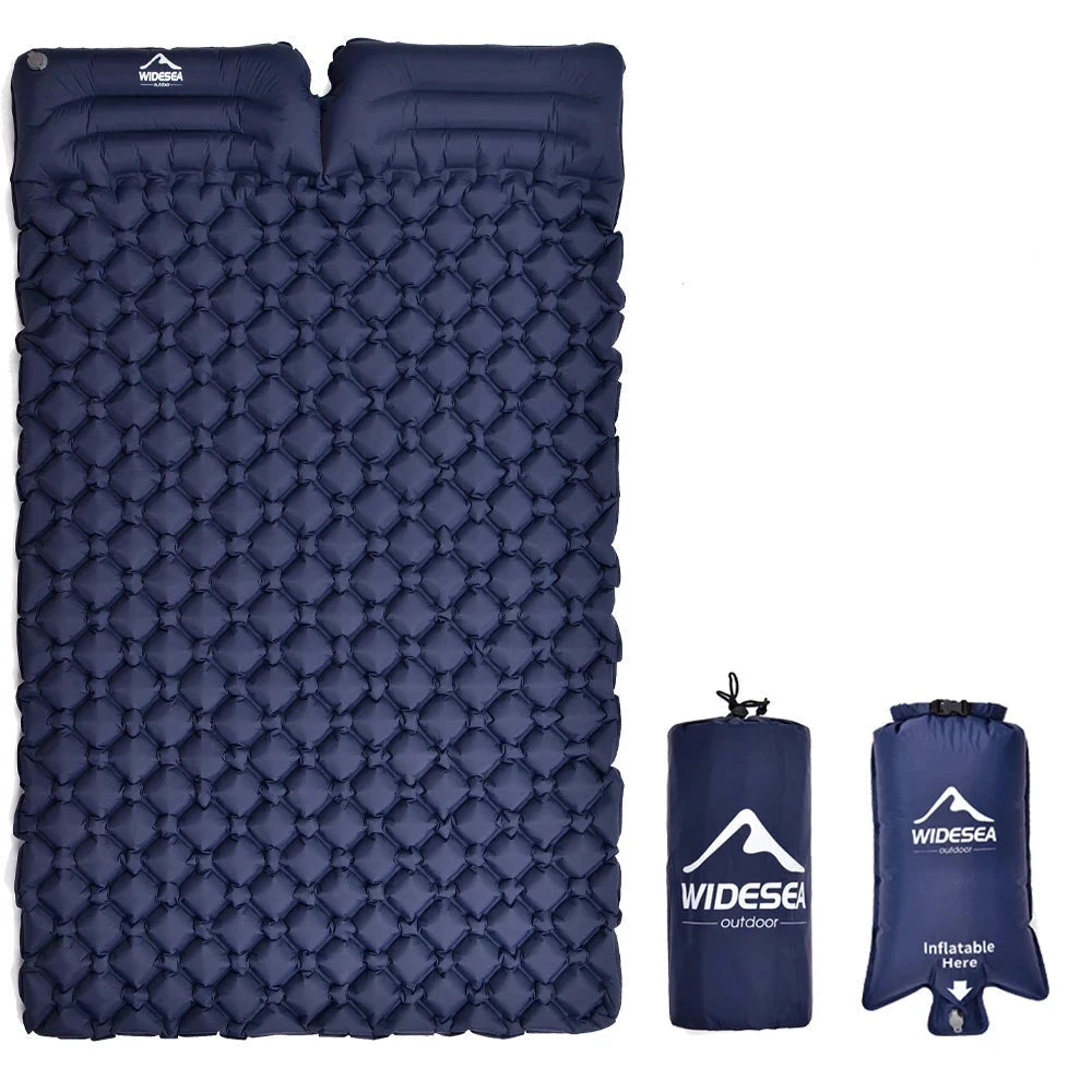 Ultralight double-wide inflatable camping mattress in electric blue color, featuring an airbag for additional comfort and support.