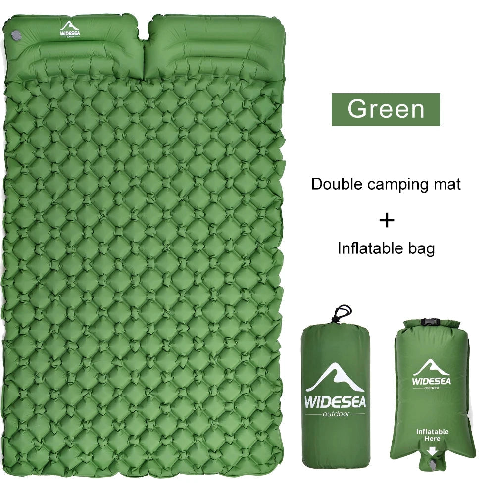 Ultralight double-wide inflatable camping mattress from WIDESEA with integrated air bag, featuring a compact and rectangular design suitable for outdoor adventures.