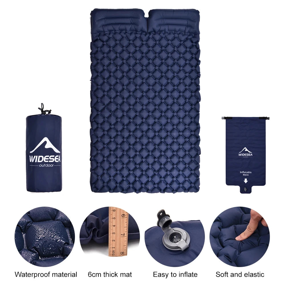 Ultralight double-wide inflatable camping mattress in electric blue color with a rectangular shape.