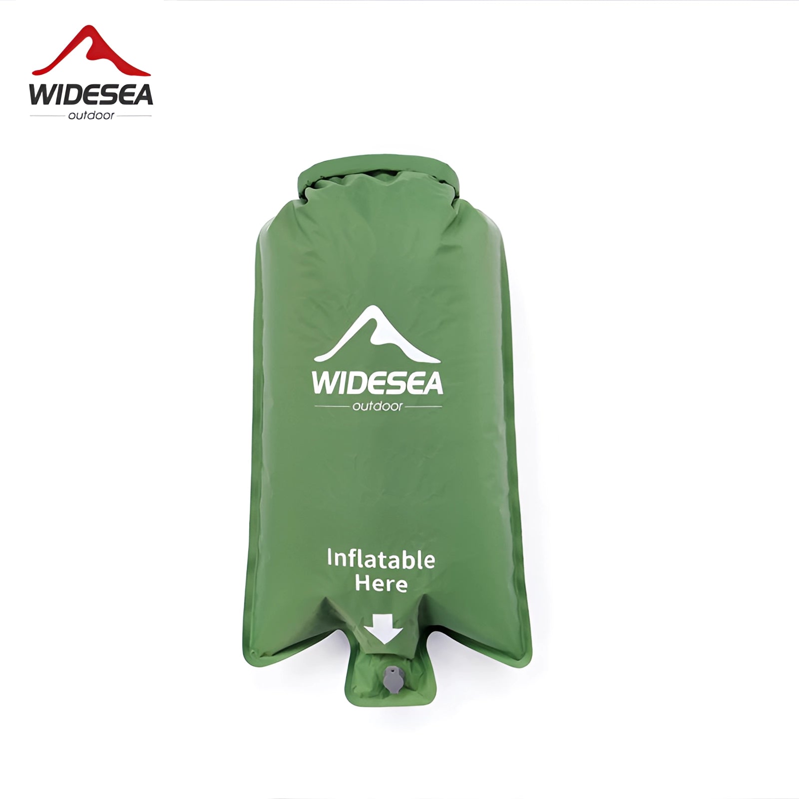 Ultralight inflatable camping pillow with a compact and ergonomic design, showcasing the WIDESEA brand logo on a carmine-colored fabric against a grassy background.