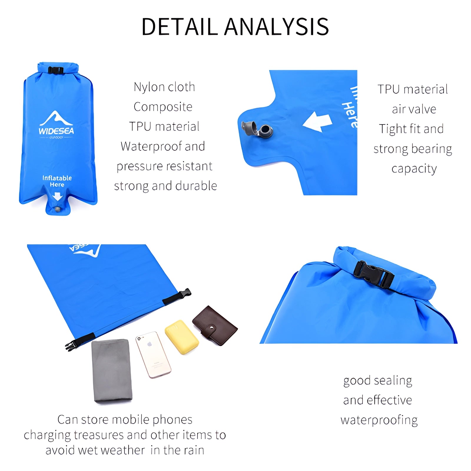 Ultralight inflatable camping pillow in electric blue, featuring an ergonomic and compact design ideal for outdoor adventures, with visible branding and logo.