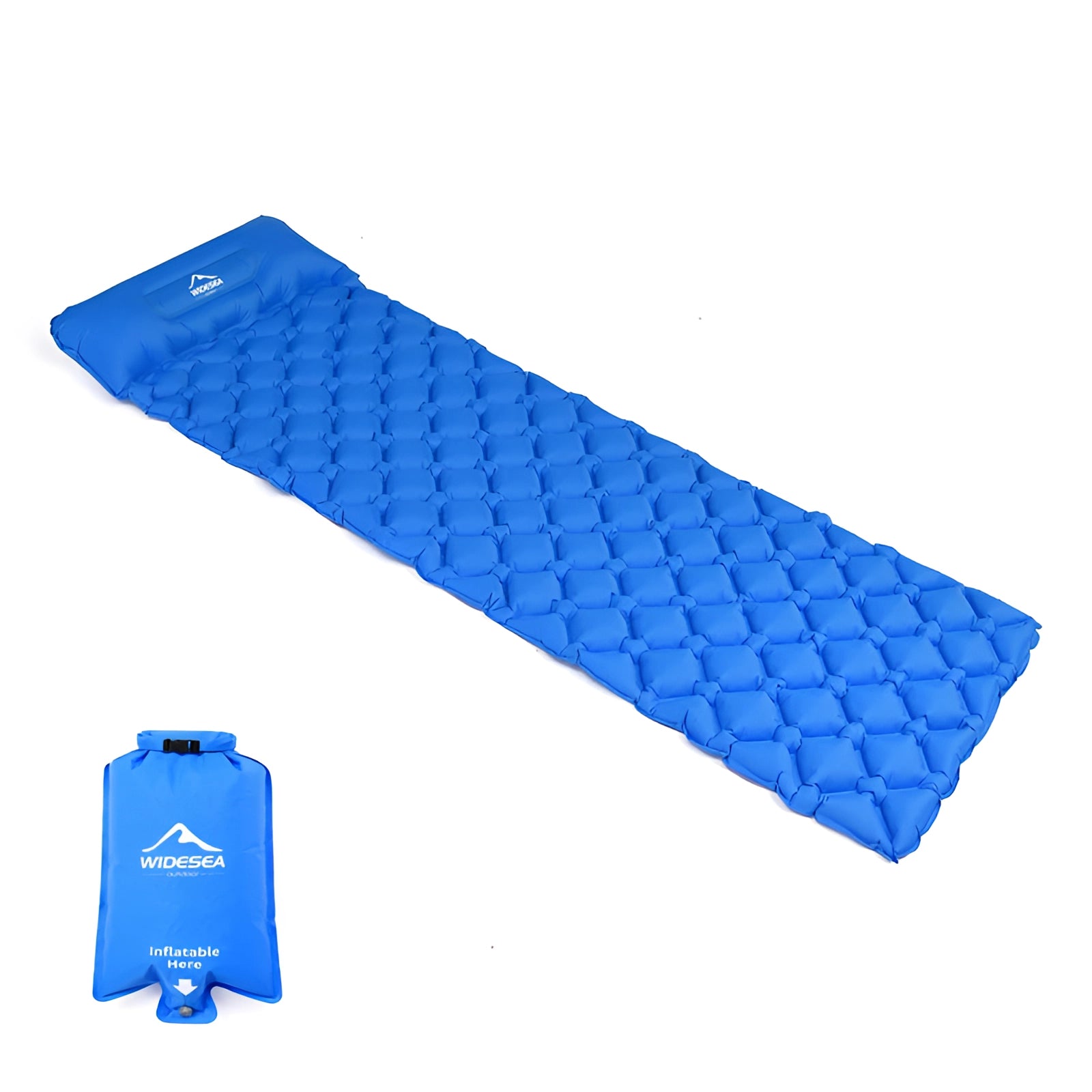 Ultralight inflatable sleeping pad in blue with an integrated air bag, featuring a rectangular shape and a patterned surface.