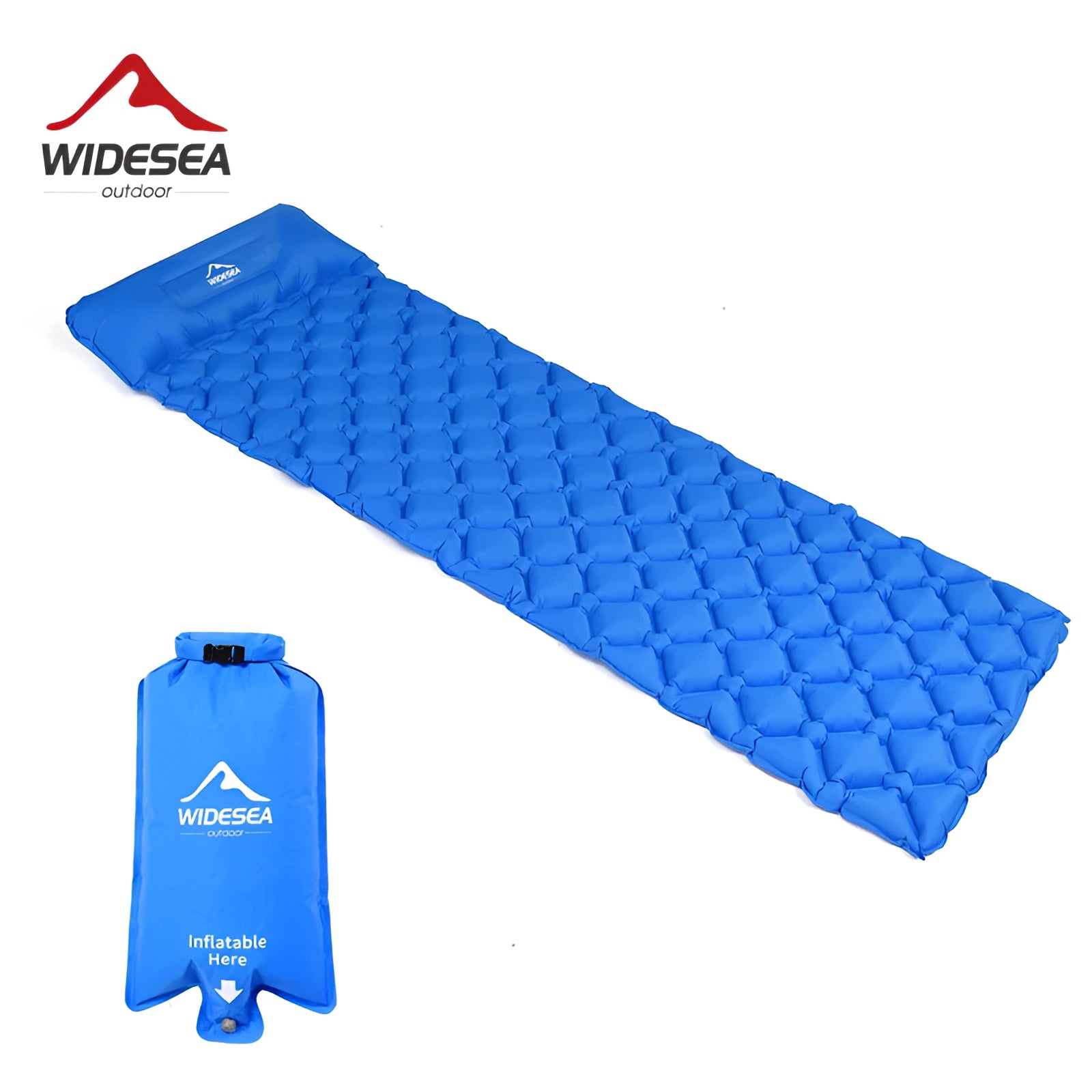 Ultralight inflatable sleeping pad in electric blue, designed for camping and hiking, featuring a rectangular shape with a branded logo and patterned surface.