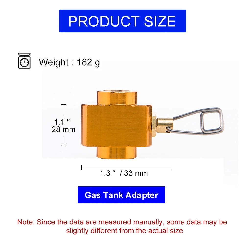 
A portable gas converter adapter for camping, featuring a universal design suitable for various stove types. The adapter has a compact, rectangular form with clearly labeled components, resembling a circuit diagram, and includes brand markings for easy identification.