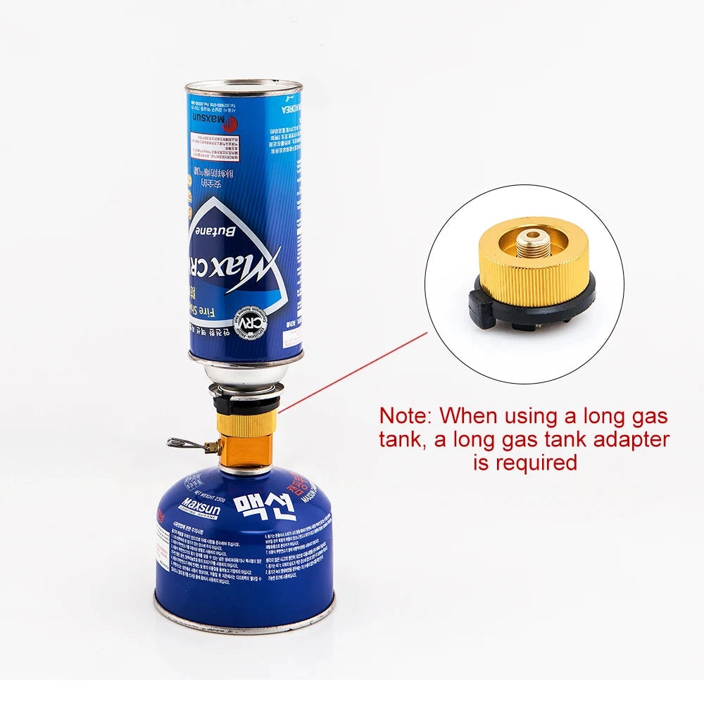 Portable camping stove adapter with a universal gas converter, featuring a compact design and metallic finish.