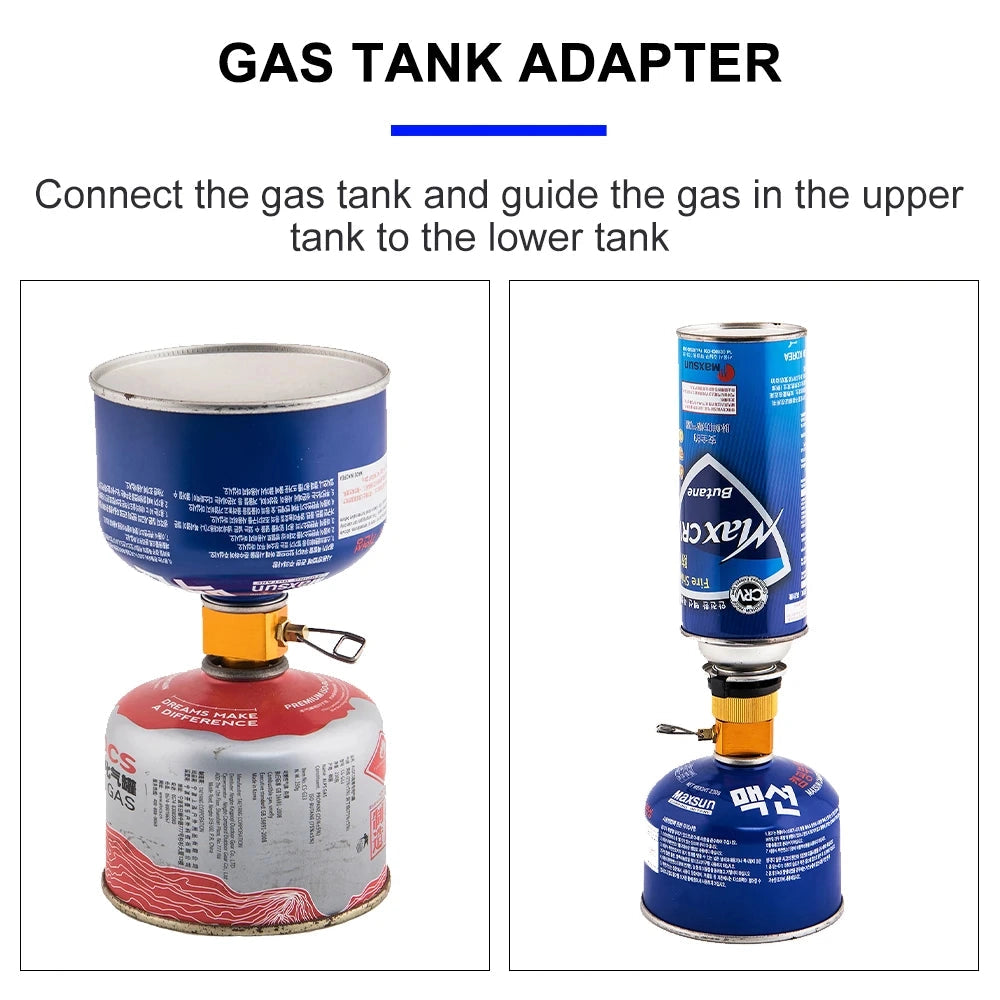 Portable gas converter with a blue plastic cylinder design, featuring a universal adapter for camping stoves.