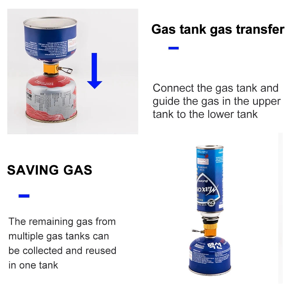 Portable gas converter adapter for camping stoves, featuring a compact design with electric blue accents.