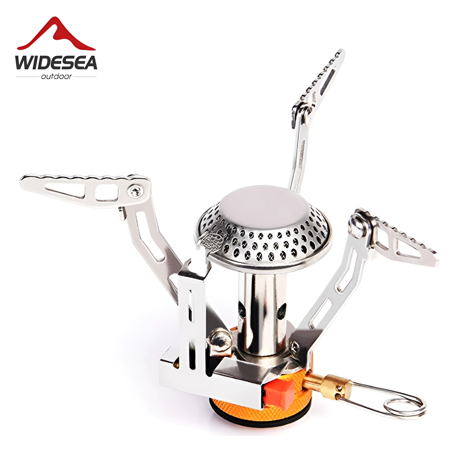 Portable Widesea windproof backpacking stove, compact and lightweight design, featuring a metal gas burner suitable for outdoor camping and hiking.